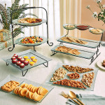 6 Pcs Transparent Glass Set of 3 Tier Serving Platter Set with Iron Stand