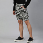 Men Charcoal Grey Camouflage Printed Pure Cotton Cargo Shorts