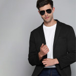 Men Black Textured Regular Fit Single-Breasted Blazer