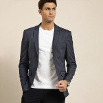 Men Navy Blue Slim Fit Self Design Smart Casual Blazer