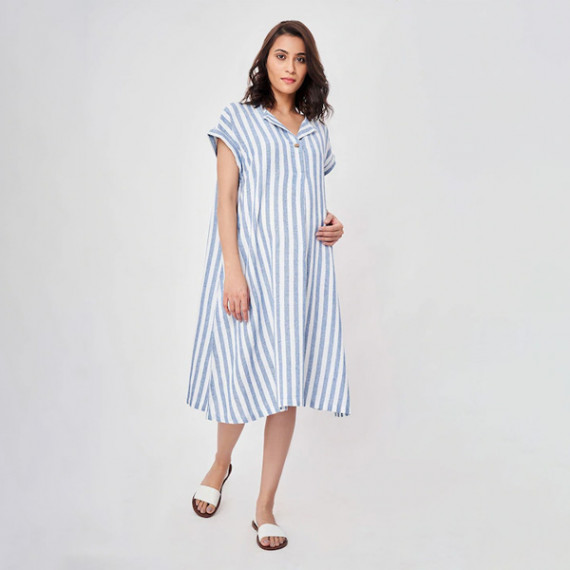 https://trendingfits.com/products/blue-striped-maternity-shirt-midi-dress